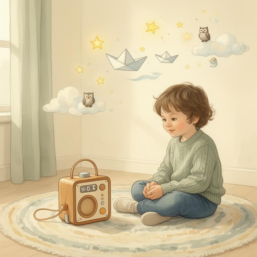 A child sitting cozily on a rug listening to a wooden audio player